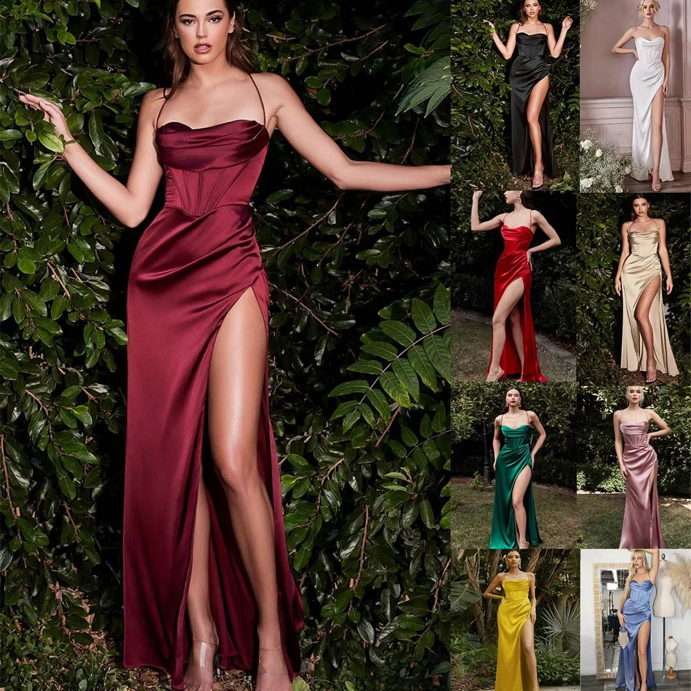 

Sling Dress for Women 2023 Summer Sexy Hanging High Waist Split Silk Slim Backless Skirt Evening Women's Bodycon Dress Vestidos