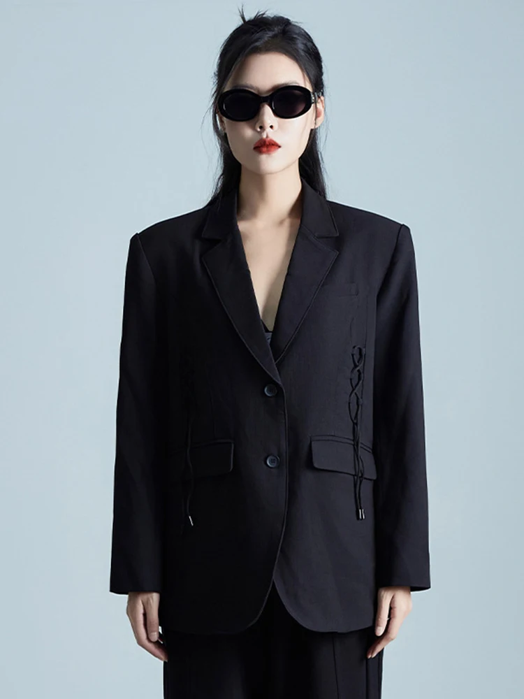 [EAM] Женский черный бандажный повседневный пиджак большого размера новый