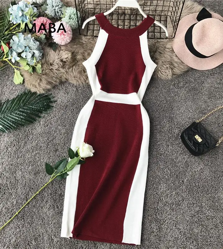 

2022 Summer Women Sleeveless Tank Knitted Dress O-neck Off Shoulder Slim Hit Color Korean Fashion Mini Bag Hip Dress Vestidos