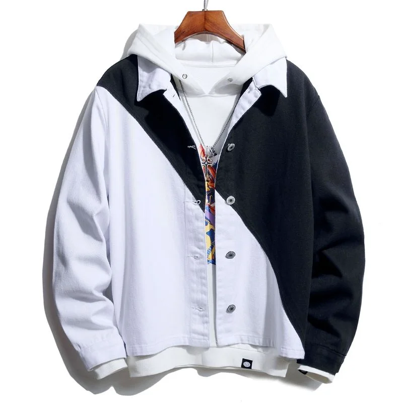 Men's Black White Spliced Denim Jacket 