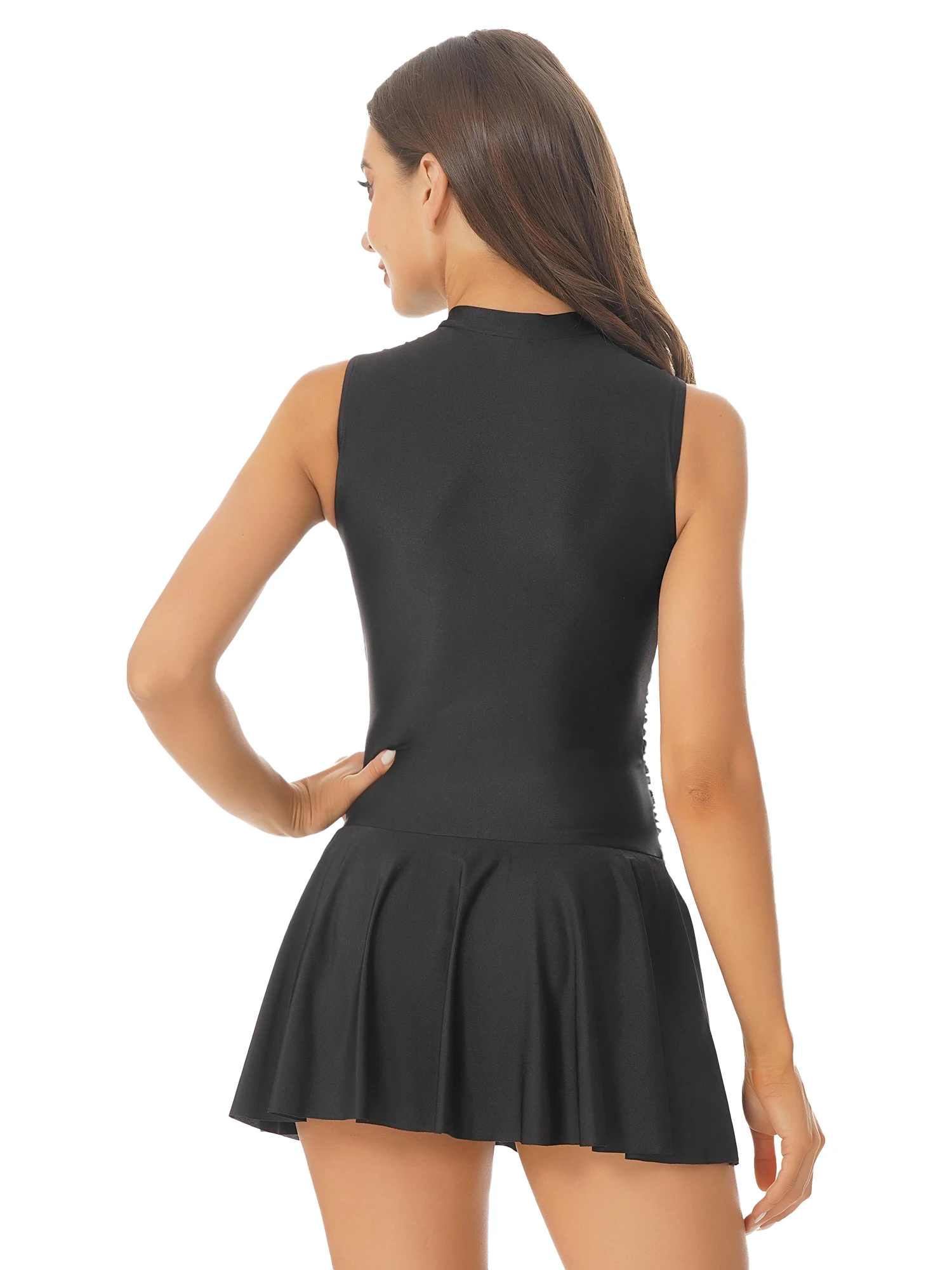 Women Rash Guards Summer Swimming Dress Sleeveless Front Zipper Pads Ruched Dress with Attached Underwear Beach Bathing Swimwear