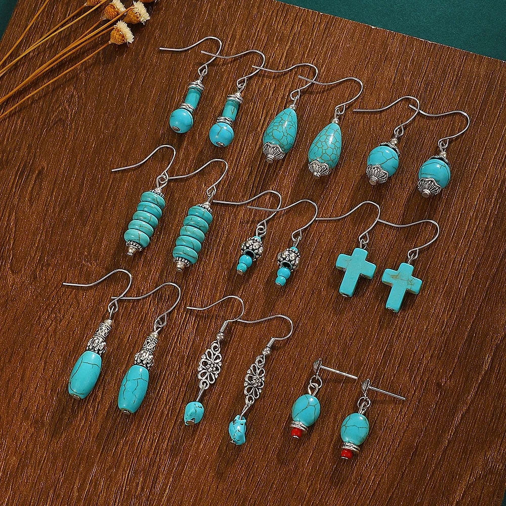 

Vintage Bohemian Ethnic Imitation Turquoise Drop Earrings for Women Silver Color Geometric Dangle Earring Pendientes Mujer Boho