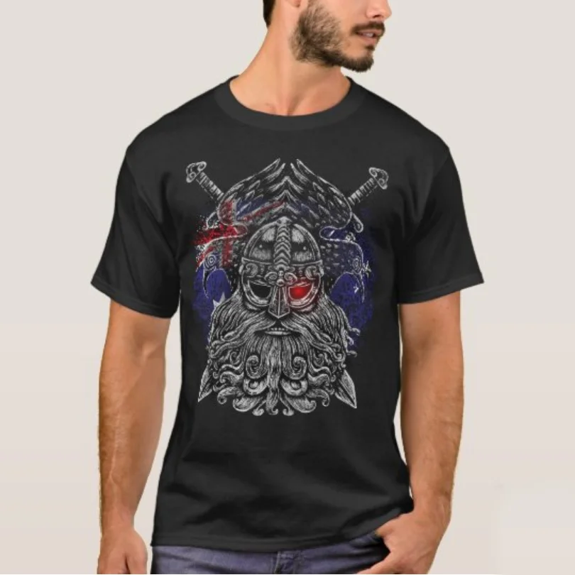 

Norse Mythology Odin Ravens Swords Australia Flag Viking'er Warrior T-Shirt 100% Cotton O-Neck Short Sleeve Casual Mens T-shirt