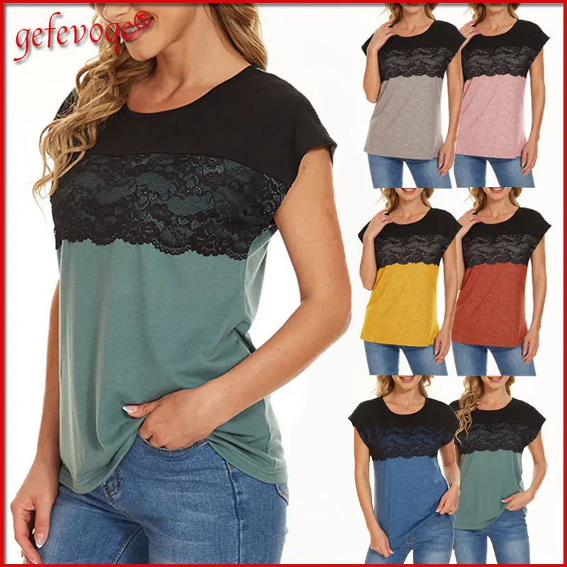 

Lace Patchwork O Neck Short Sleeve Ladies Tops 2022New Summer Trendy Casual Loose Pullover Basic Tee Shirt Femme Women's T-shirt