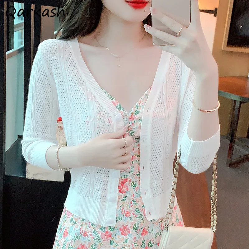 

Hollow Out Cardigan Women Three Quarter Sleeve Thin Summer Crop All-match Females Tender Prevalent New Arrival Кардиган Женский