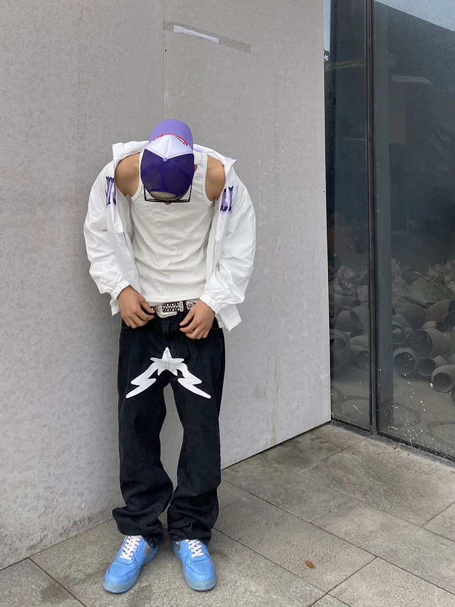 Four Seasons Loose Jeans Men Y2K Fashion Designer Black Star Print Pants Bottoms Street Casual Low Waist Loose Straight Jeans