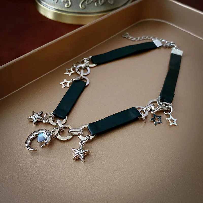 

Эмалированная Звезда Луна Кольцо с отверстиями кожаное ожерелье хип-хоп цепочка до ключиц ожерелье для женщин