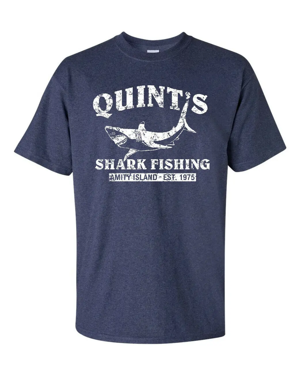 

QUINT'S SHARK FISHING Jaws RETRO Amity Heather Navy Men's Tee Shirt 1206