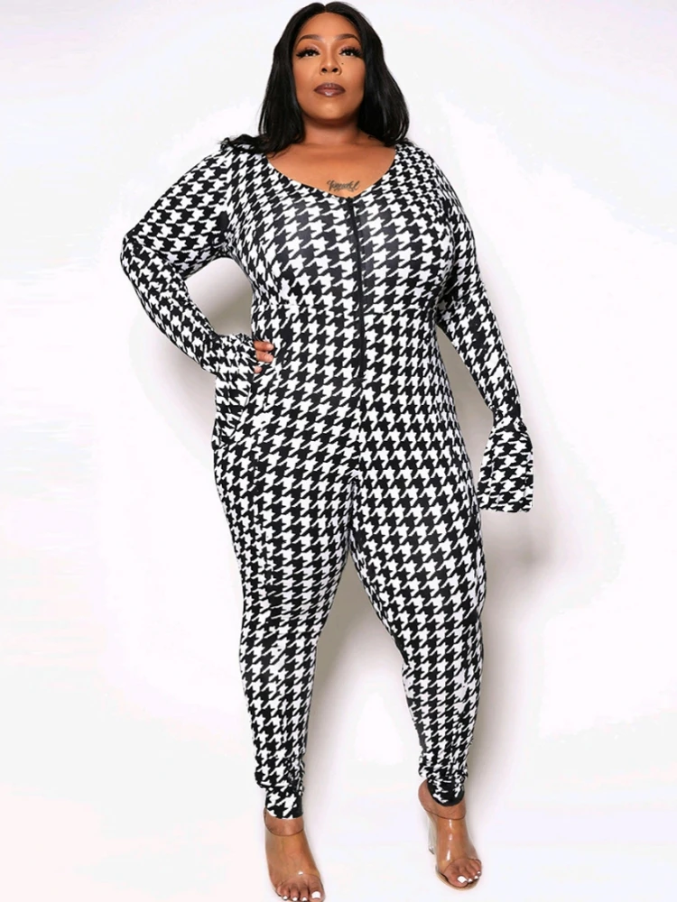 

4XL 5XL Plus Size Skinny Jumpsuits Women Long Sleeve Playsuits Autumn Fashion Houndstooth Print Casual Pencil Pants Jumpsuit