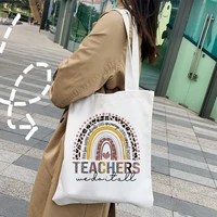teacher rainbow leopard print canvas shopping bag gift for teachers fashion women shoulder bags bookbag reusable large capacity