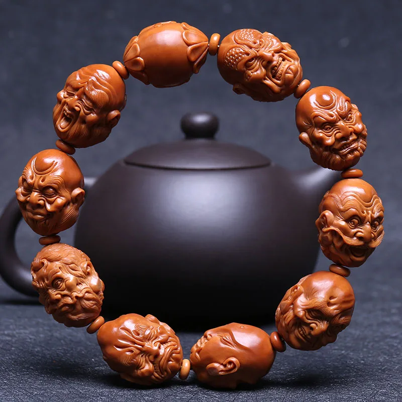 

Chinese Style Olive Core Bracelet with Big Seeds Double-sided Core Glyph Play with Olive Hu Carved Bracelet Round Beads