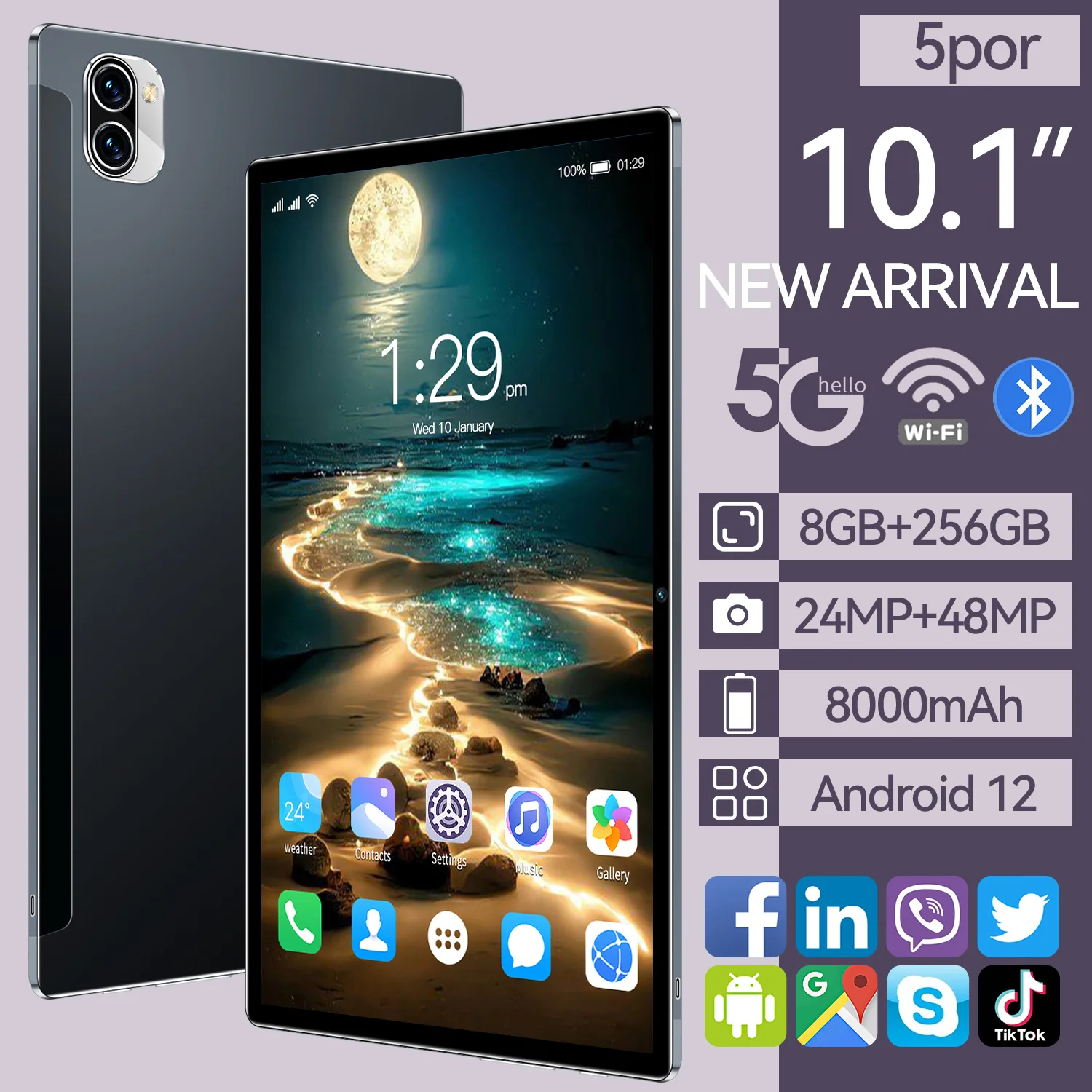 

Android 12 NEW Tablet 8G+256GB WiFi 10.1Inch PC Tablet 5G Call Phone 8000mAh Dual SIM SD Card Global Version