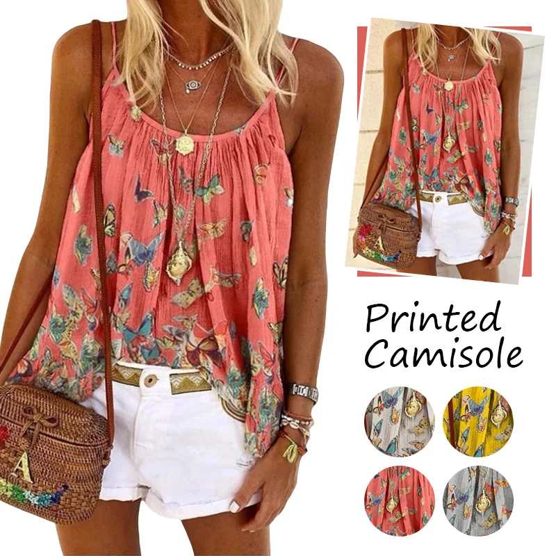 Summer Butterfly Print Tank Tops Leisure Casual Shirt Sleeveless Loose Boho Tops Girls Lady Hoilday Streetwear Beach Blouses New