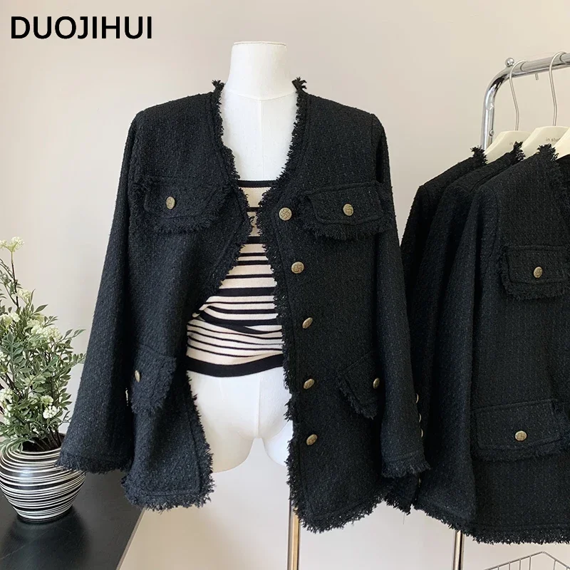 Фото DUOJIHUI Классические черные осенние новые свободные женские куртки модная однобортная простая однотонная Базовая Женская куртка с длинным рукавом №5
