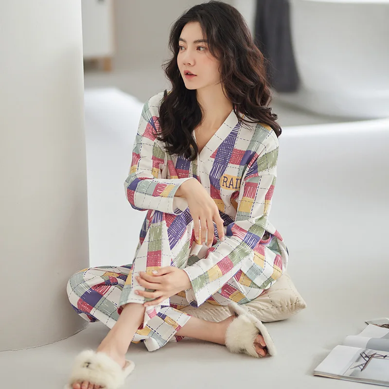 New Cotton Women'S Pajamas Long-Sleeved Plaid Print Pajamas Style Temperament Cardigan Outerwear Home Service