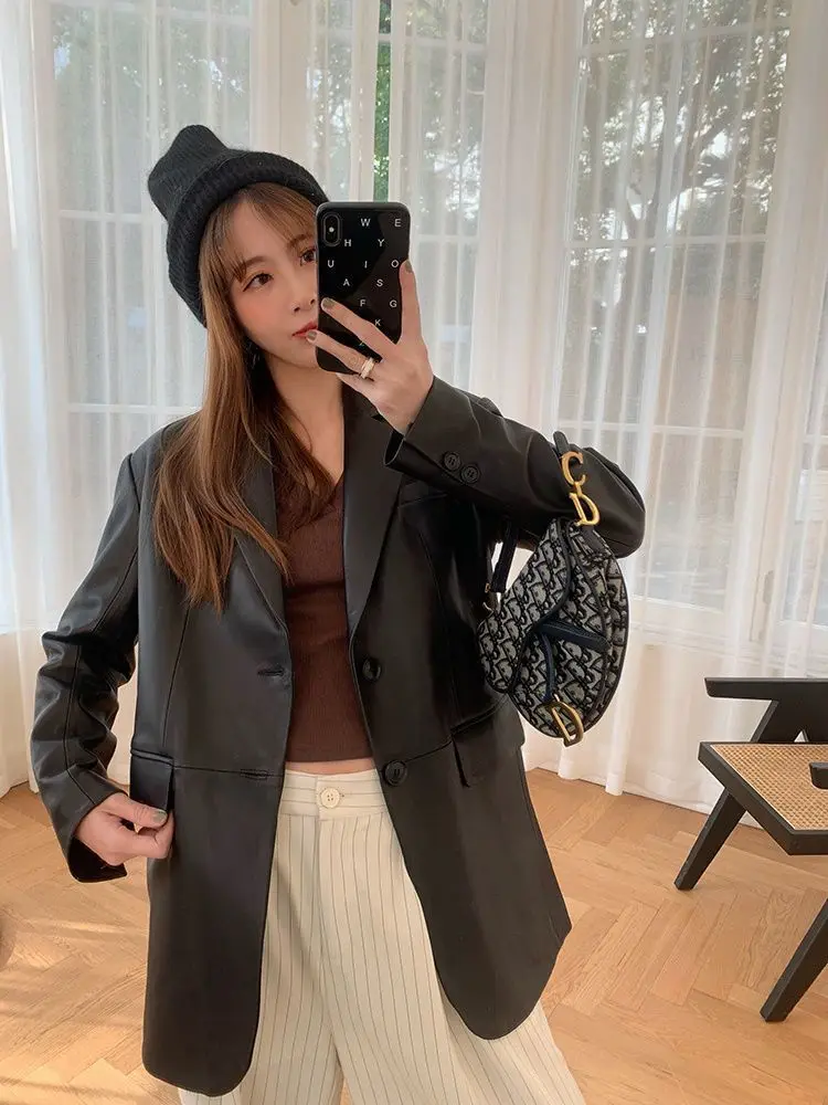 Pu leather suit jacket female spring 2023 new loose temperament high sense small suit jacket top