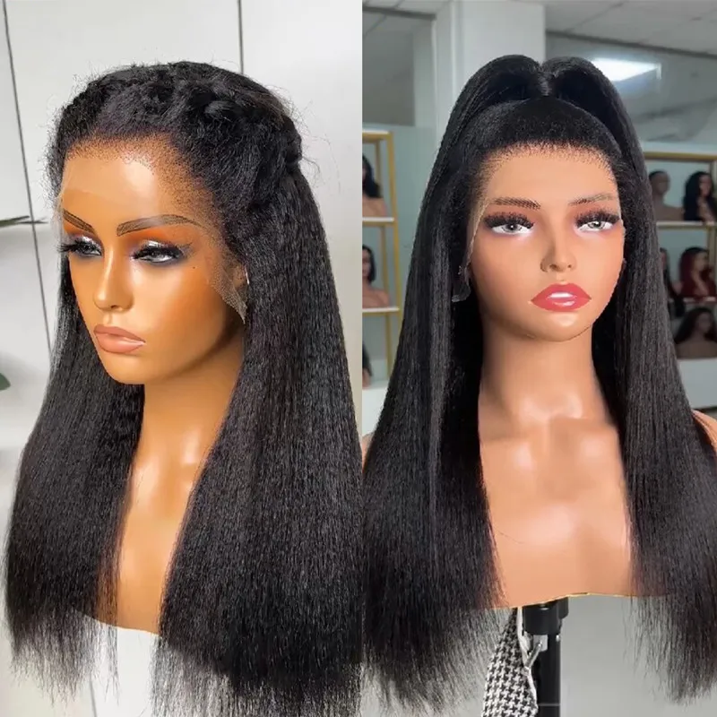 

Natural Black Soft Glueless Preplucked 28Inches Long 180% Density Yaki Kinky Straight Lace Front Wig For Women With Baby Hair