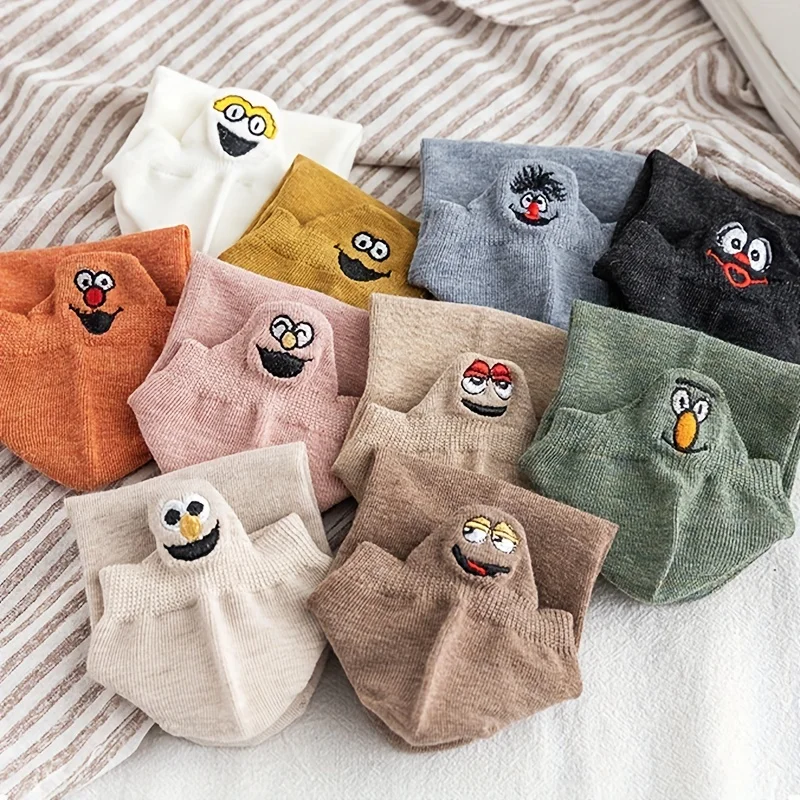 

10 пар коротких носков-лодочек, хлопковая смесь, мультяшный рисунок, улыбающееся лицо, персонализированные и забавные носки с вышивкой