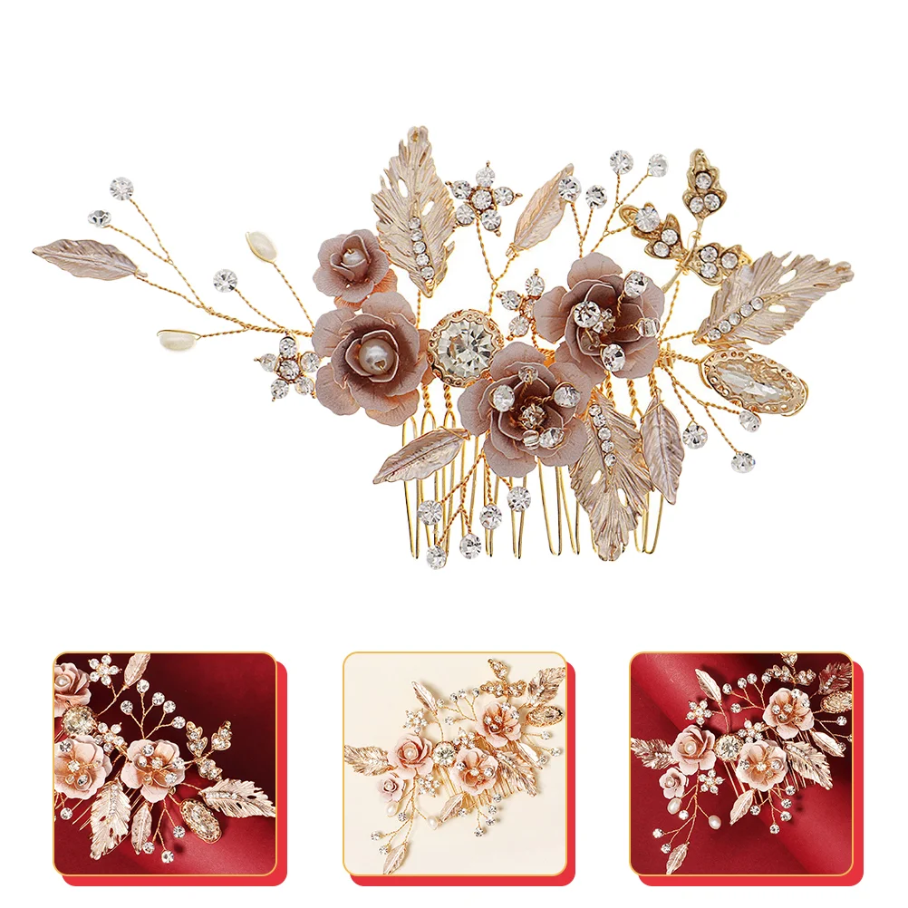 

Hair Comb Wedding Bride Rhinestone Bridal Floral Crystal Accessories Slide Golden Side