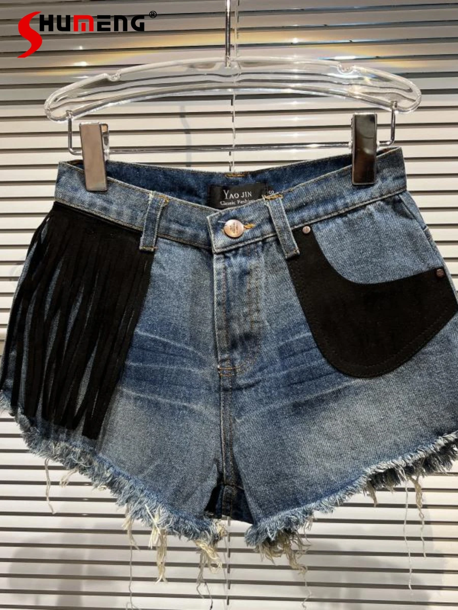 

Women's 2022 Summer New Elegant Classic Style Tassel Pocket Frayed Three-Point Denim Shorts Ladies Fashion Streetwear Hot Pants
