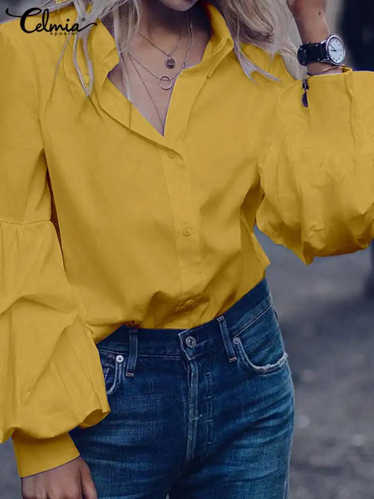 

Модные тонкие блузки Celmia с рукавами-фонариками, женские рубашки с отложным воротником, уличная одежда, женские повседневные свободные блузки 2023
