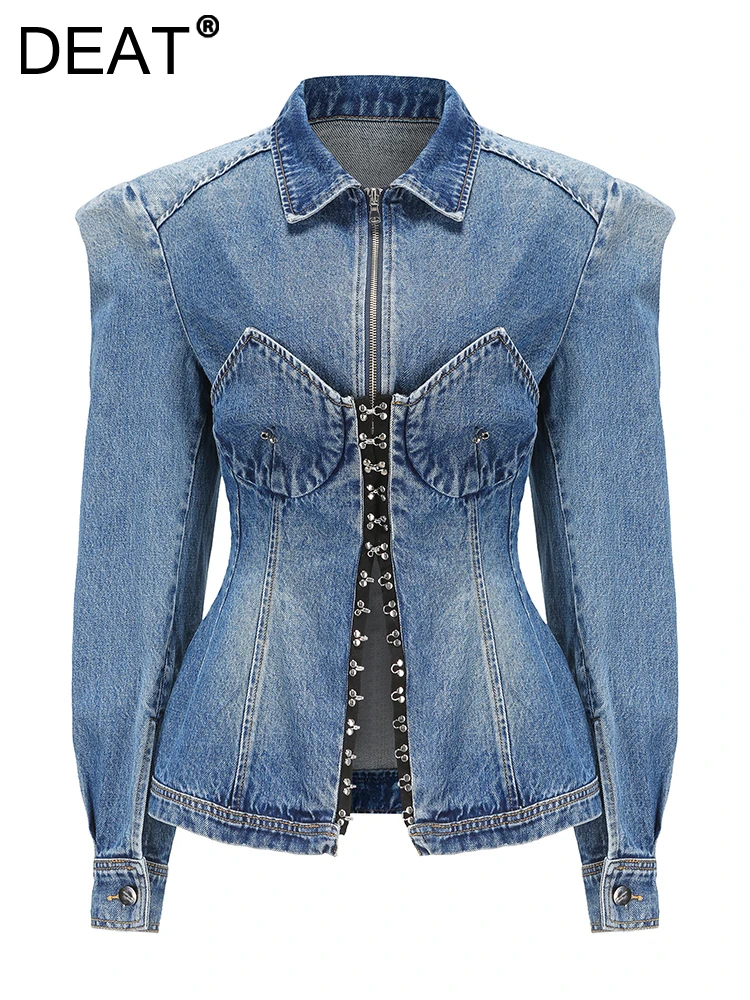 

DEAT Women Denim Jackets Turn-down Collar Zipper Long Sleeve Spliced Pocket Solid Color Slim Coat 2023 Summer New Fashion 29L322