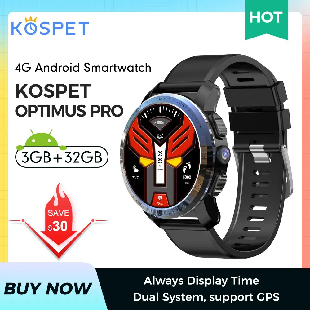 Смарт-часы KOSPET OPTIMUS Pro 3 ГБ 32 Android 4G GPS 1 39 дюйма AMOLED двойная система всегда