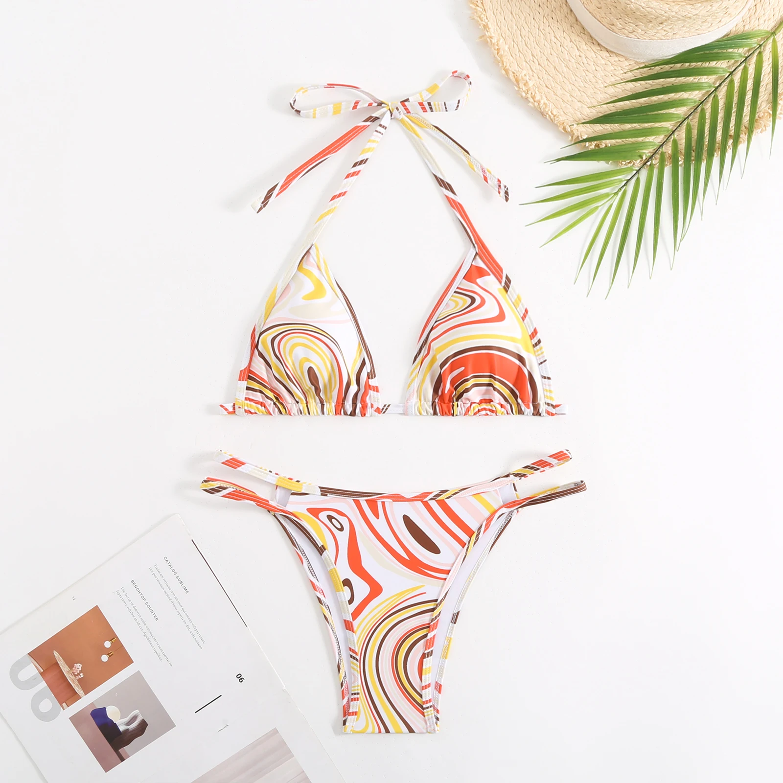 Женский раздельный купальник с принтом Раздельный купальный костюм лямкой на