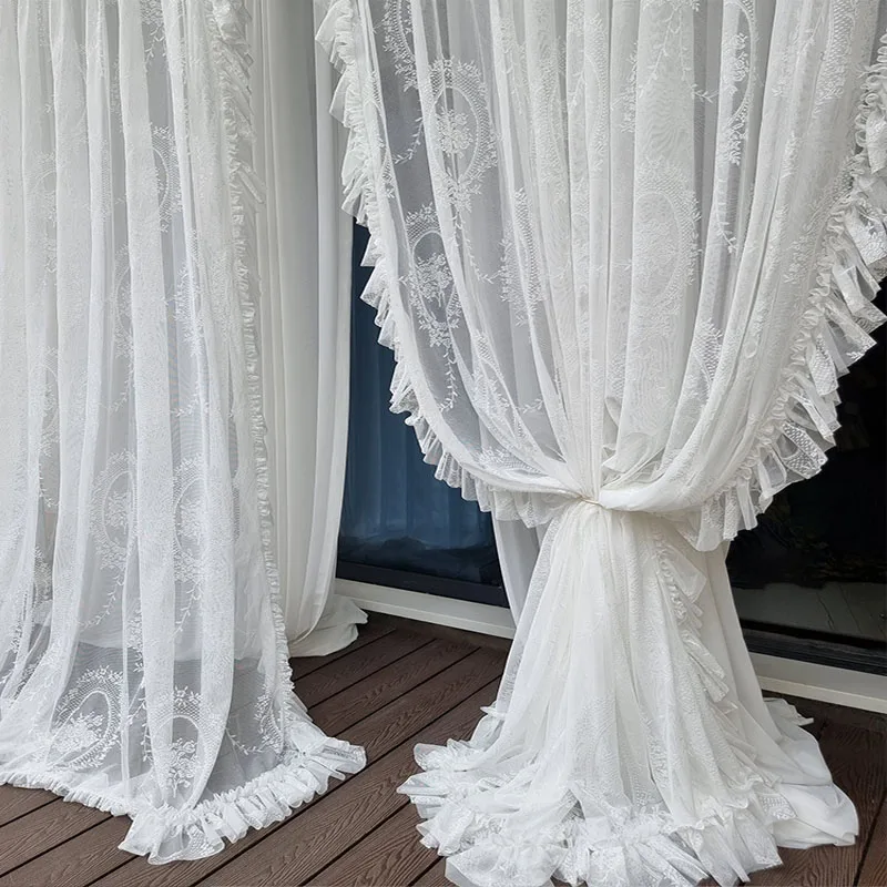 

White Ruffled Lace Sheer Curtains for Farmhouse Livingroom Wedding Background Pastoral Jacquard Floral French Window Drapes
