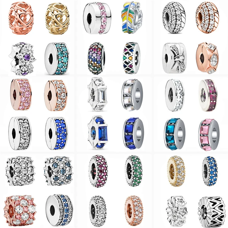 Hot Sale Colorful Zircon Sparkling Clip Beads Fit Original Pandora Charm Silver Color Bracelet Bangle For Women DIY Jewelry Gift