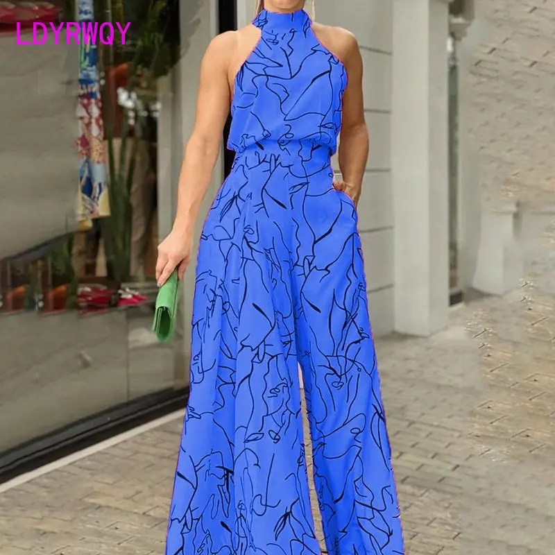 2022 Summer European and American women's waist belt sleeveless neck printed jumpsuit
