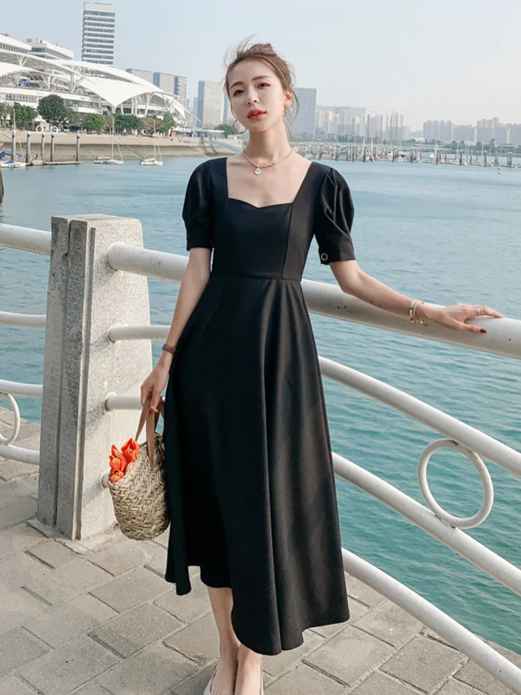 

Женское платье с квадратным вырезом, черное облегающее платье до щиколотки с пышными рукавами и высокой талией, модель B355 на лето, 2022