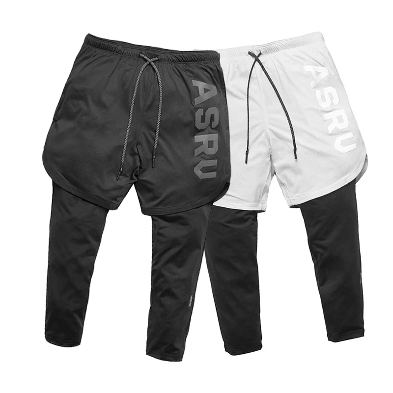 Men 2 in 1 Sport Leggings Shorts Quick Dry Fit Running Training Pants Gym Workout Ankle-Length Trousers Joggers Fitness Tights