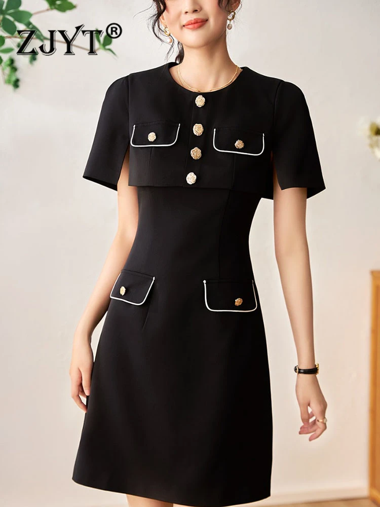 

ZJYT Elegant Simple Black Summer Dress for Women 2023 Designer Short Sleeve Buttons Vestido Feminino Office Lady Work Wear Robe