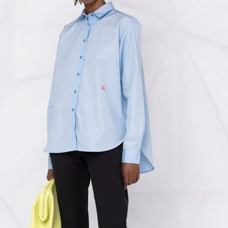 

Women Blue Long Sleeve Embroidery Logo Shirt Turn down Collar Cotton Loose Long Fashion Office Blouse