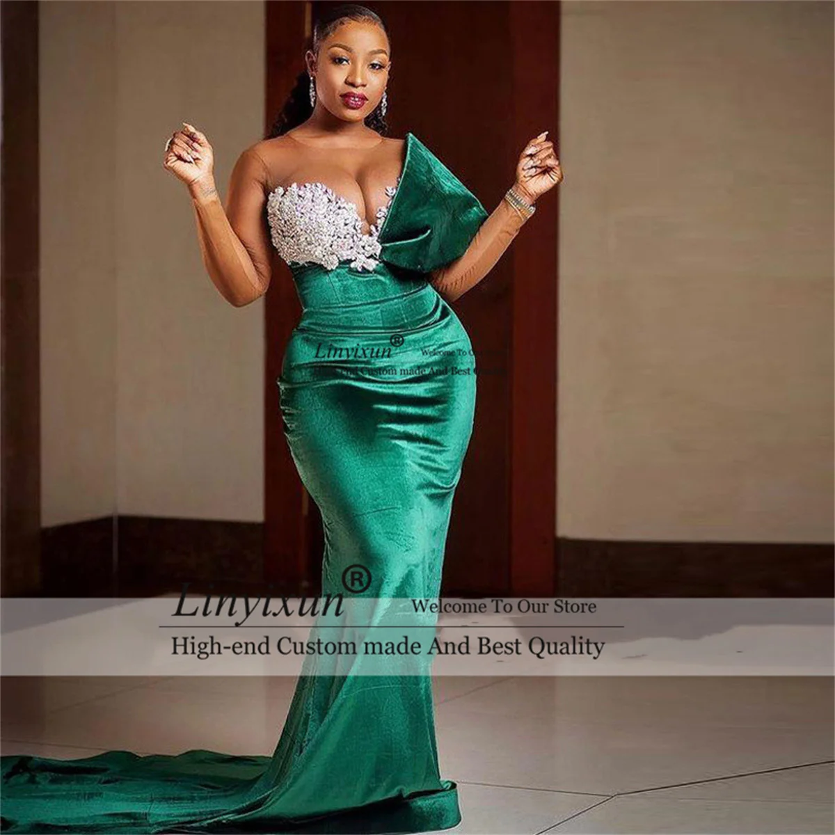 

Green Velvet Mermaid Prom Dresses Sheer Neck Mesh Lace Crystal Formal Eveing Party Gowns Sexy Long Court Train robes de soirée