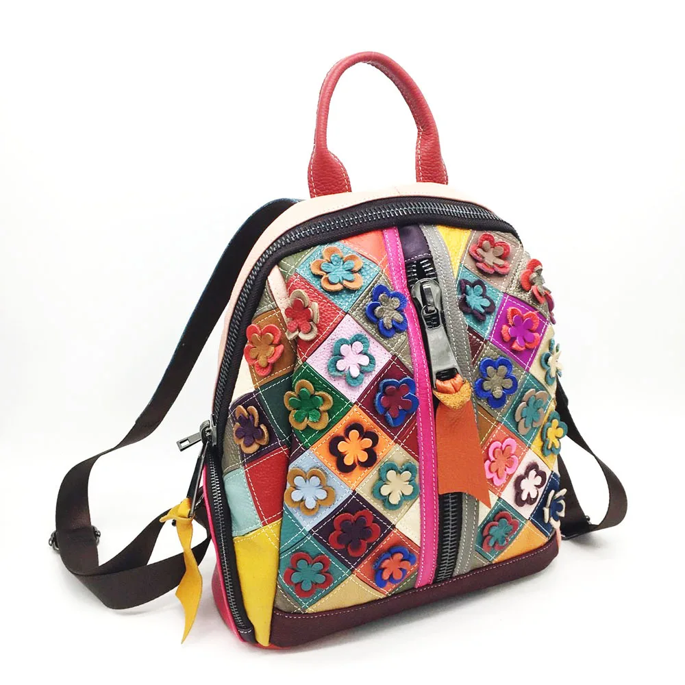 

European and American Wind Leather Women's Bag New Flower Color Diamond Retro Women's Bag Cowhine Shoulder Bag Backpack