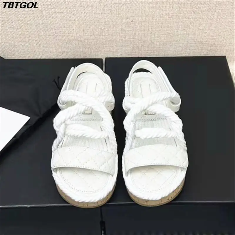 

Luxury Designer Summer Vacation Flat Sandals Women Real Leather Hemp Rope Splice Leisure Holiday Beach Shoes Sandalias Female