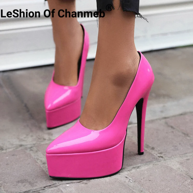 

LeShion Of Chanmeb Women Patent Leather Pumps Super Thin High Heel Slip-on Platform Shoes Stiletto Heeled Point Toe Pump Lady 48