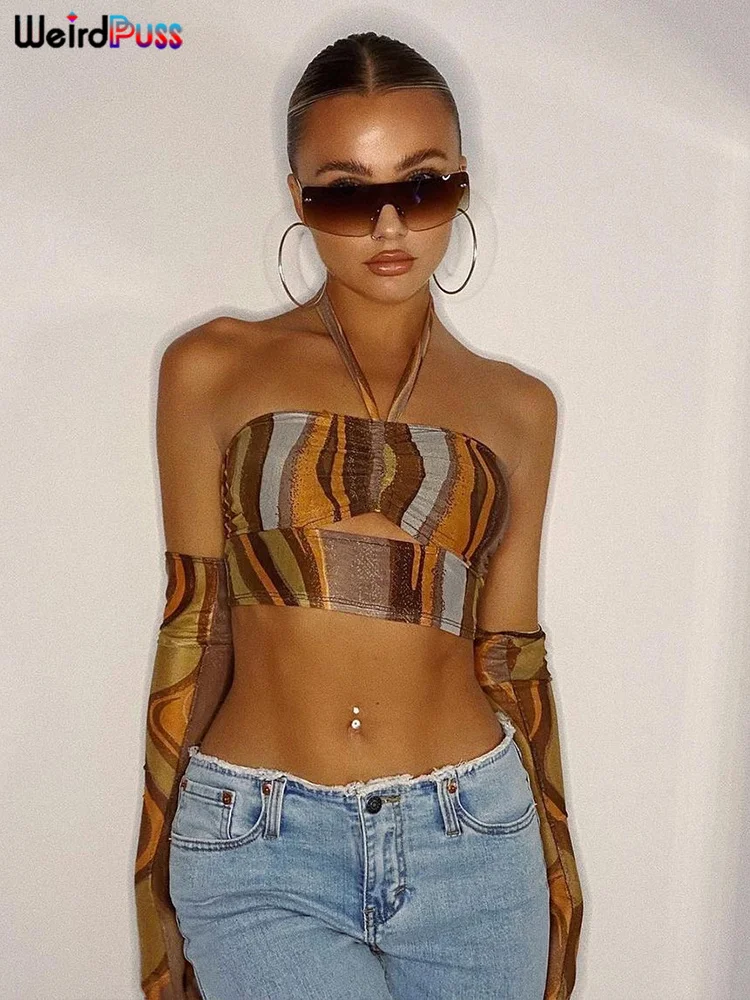 

Сексуальная сетчатая майка странная Толстовка Y2K, майка с бретелькой через шею и перчатки, женский эластичный Топ с принтом и открытой спино...