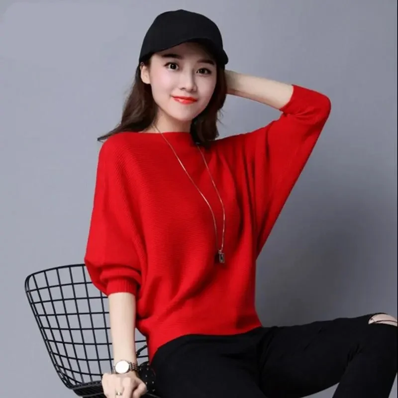 

2023 New Autumn And Winter Women Sweaters Bats Shirt Slash Neck Short Paragraph Female Knit Pullovers Bottoming Sweater