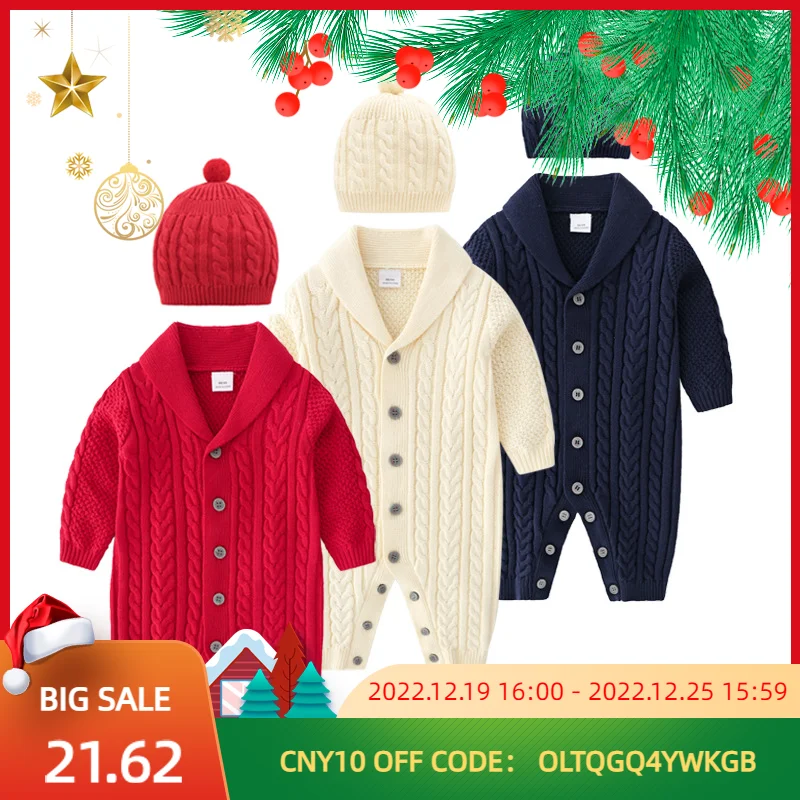 Baby Knitwear Solid Color Long Sleeve Jumpsuit Covered Button With Hat O-neck and Lapel Sweater Cotton Clothes for Newborns