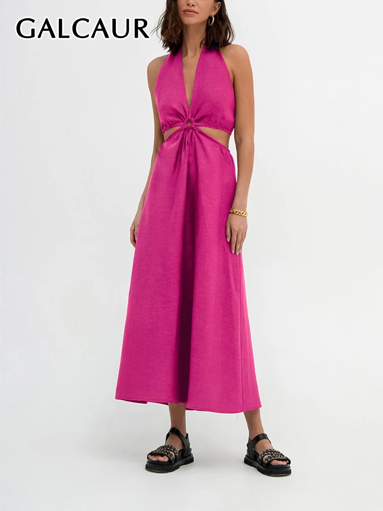 

GALCAUR Hollow Out Slim Dresses For Women Halter Sleeveless Backless High Waist Tunic Folds Solid Summer Maxi Dress Female 2023