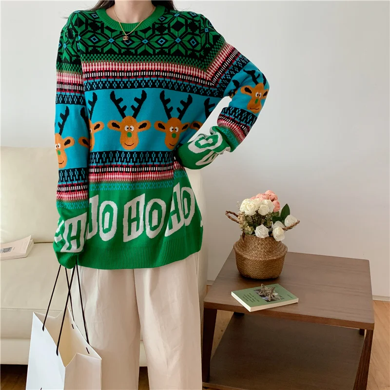 

Christmas Knitted Pullover Fashion New Round Neck Long Sleeve Casual Sweater Women's Vintage Loose Jumpers Lady Clothes G319