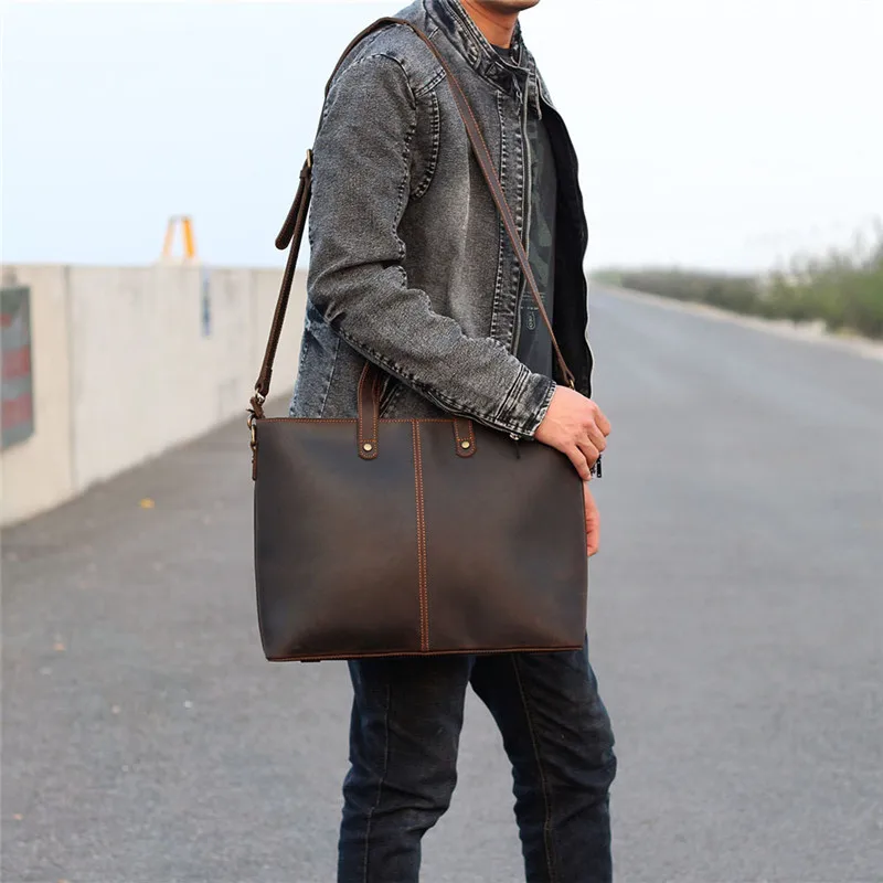 Simple vintage genuine leather men's large capacity briefcase crazy horse cowhide work handbag laptop shoulder messenger bags