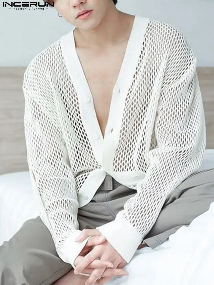 INCERUN Tops 2022 Korean Style New Men Sexy See-through Mesh Blouse Fashion Casual Male Long Sleeve V-neck Cardigan Shirts S-5XL