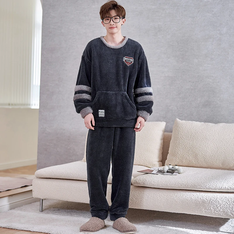 FUNISHI Plus Size 4XL Men Sleepwear Coral Fleece Pajama Set Winter Pajamas Flannel Loose Version Inspissate Pullover Nightgown