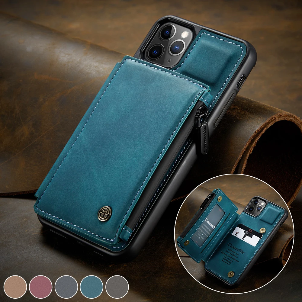 

CaseMe Retro Matte PU Leather Case for IPhone 12 13 Mini 11 Pro Max Wallet Card Slot for IPhone 11 X S XR 7 8 Zipper Back Cover