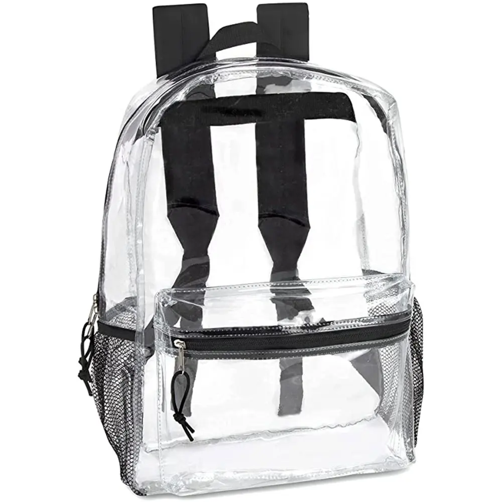 Black Clear Backpack With Reinforced Straps & Front Accessory Pocket - Perfect for School, Security, & Sporting Events by