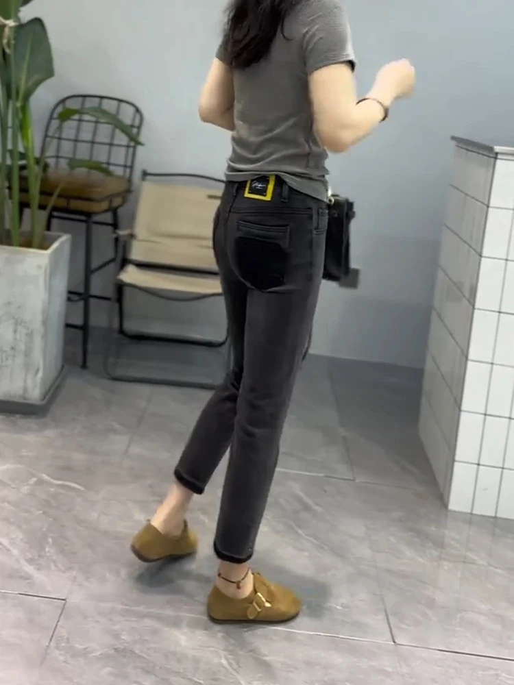 Y2k Black And Gray High-waisted Stretch Jeans Women Slightly Fat Wear With 2023 Summer New Thin Thin Foot Nine-point Pencil Pant